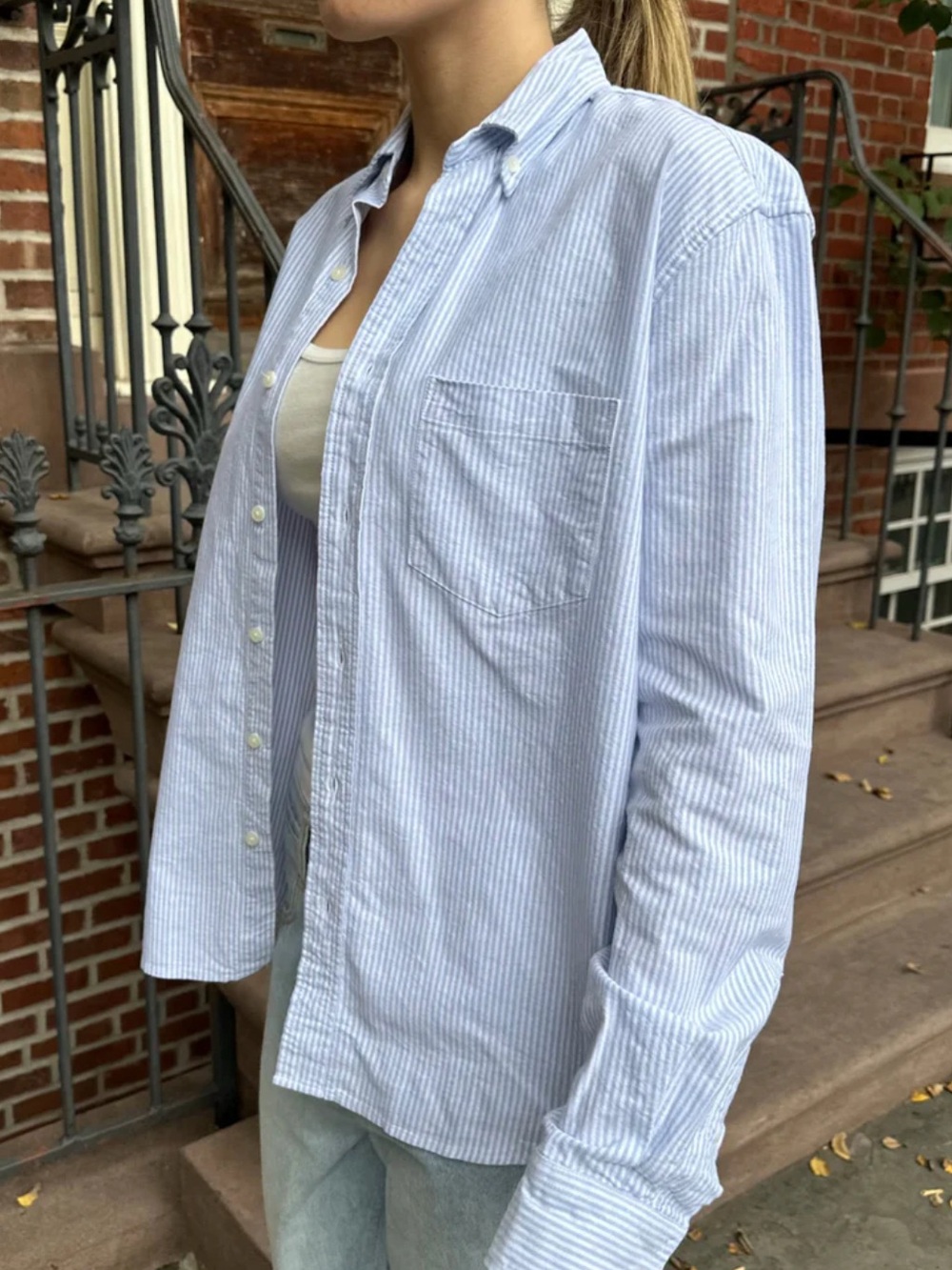 Brandy Melville Light Grey & White Pinstripe Button-Down Shirt